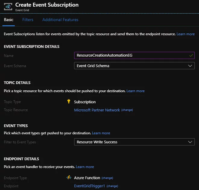 Configuring the new Event Grid Subscription