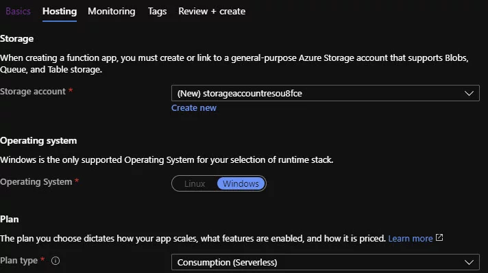 Continue configuring new Function App in the Azure Portal.
