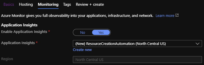 Continue configuring new Function App in the Azure Portal.