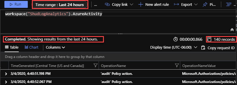 View the amount of AzureActivity Records in the last 24 hours